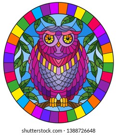 Illustration in stained glass style with fabulous purple owl sitting on a tree branch against the sky,oval picture frame in bright