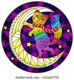 Illustration in stained glass style with fabulous rainbow kitten  on the moon on a starry sky background, round image 