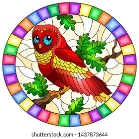 Illustration in stained glass style with fabulous red owl sitting on a tree branch ,oval picture frame in bright