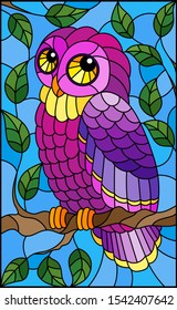 Illustration in stained glass style with fabulous purple owl sitting on a tree branch against the sky