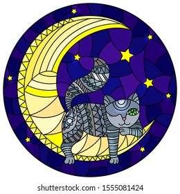 Illustration in stained glass style with fabulous grey kitten  on the moon on a starry sky background, round image 