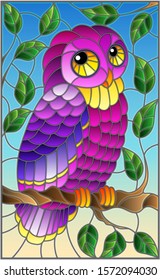 Illustration in stained glass style with fabulous purple owl sitting on a tree branch against the sky