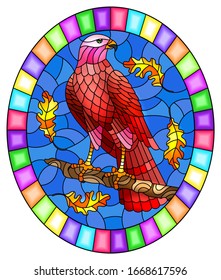 Illustration in stained glass style with fabulous red Falcon sitting on a tree branch against the sky, oval image in bright frame