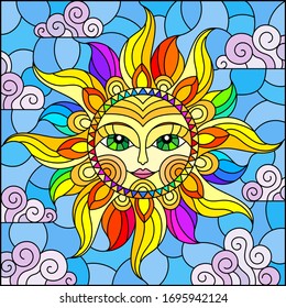 Illustration in stained glass style with fabulous sun with the face on the background of sky and clouds