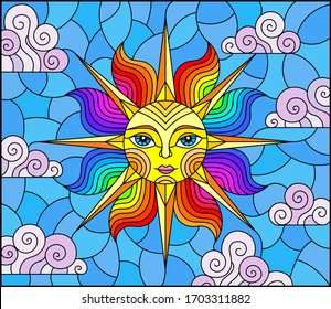 Illustration in stained glass style with fabulous sun with the face on the background of sky and clouds, oval image