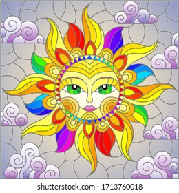 Illustration in stained glass style with fabulous sun with the face on the background of sky and clouds