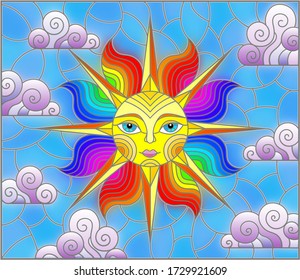 Illustration in stained glass style with fabulous sun with the face on the background of sky and clouds, oval image