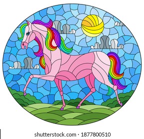 Illustration in stained glass style with a fabulous bright horse on a background of fields and a cloudy sky with the sun,oval image