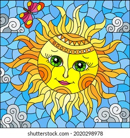 Illustration in stained glass style with fabulous sun with the face on the background of sky and clouds