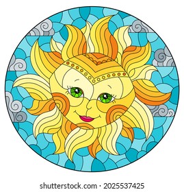 Illustration in stained glass style with fabulous sun with the face on the background of sky and clouds, oval image
