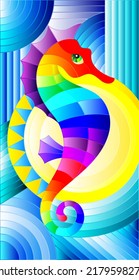 Illustration in stained glass style with fabulous abstract fish seahorse, rainbow fish on blue background