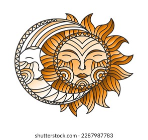 Illustration in stained glass style with fabulous sun and moon, isolated on white background, tone brown