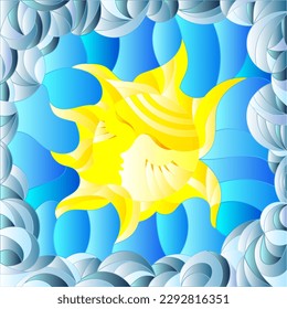Illustration in stained glass style with fabulous sun with the face on the background of sky and clouds