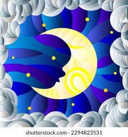 Illustration in stained glass style with the fabulous moon with a face against the sky and clouds