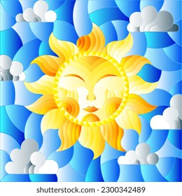 Illustration in stained glass style with fabulous sun with the face on the background of sky and clouds