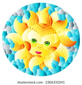 Illustration in stained glass style with fabulous sun with the face on the background of sky and clouds, oval image