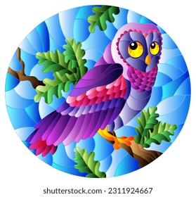 Illustration in stained glass style with fabulous purple owl sitting on a tree branch against the sky background,oval picture 
