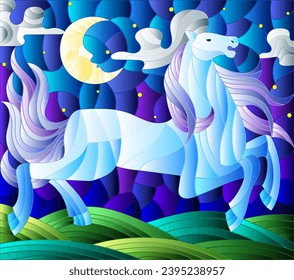 Illustration in stained glass style with fabulous blue horse galloping on the green meadow on the background of the cloudy sky and sun