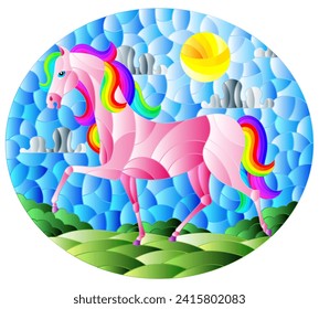 Illustration in stained glass style with a fabulous bright horse on a background of fields and a cloudy sky with the sun,oval image