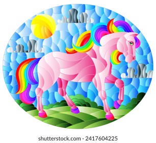 Illustration in stained glass style with a fabulous bright horse on a background of fields and a cloudy sky with the sun,oval image