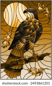 Illustration in stained glass style with fabulous Falcon sitting on a tree branch against the sky, tone brown