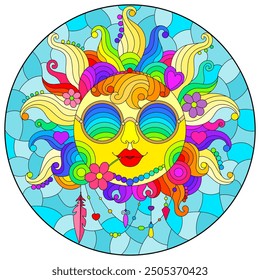 Illustration in stained glass style with fabulous sun with the face on the background of sky and clouds, round image