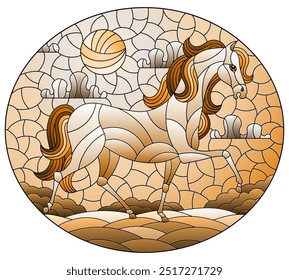 Ilustração em estilo de vitral com um cavalo fabuloso em um fundo de campos e um céu nublado com o sol, imagem oval, tom marrom