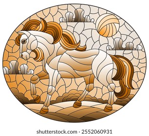 Illustration in stained glass style with a fabulous  horse on a background of fields and a cloudy sky with the sun,oval image, tone brown