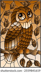 Illustration in stained glass style with fabulous owl sitting on a tree branch against the sky, tone brown