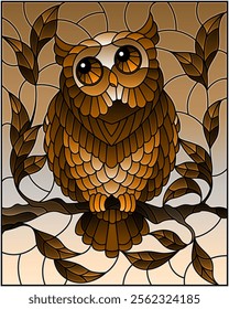 Illustration in stained glass style with fabulous owl sitting on a tree branch against the sky, tone brown