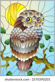 Illustration in stained glass style with fabulous colourful owl sitting on a tree branch against the  sky and sun 