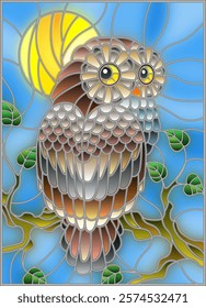 Illustration in stained glass style with fabulous colourful owl sitting on a tree branch against the  sky and sun 