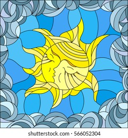 Illustration in stained glass style with fabulous sun with the face on the background of sky and clouds