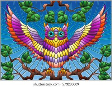 Illustration in stained glass style with fabulous colourful owl sitting on a tree branch against the sky