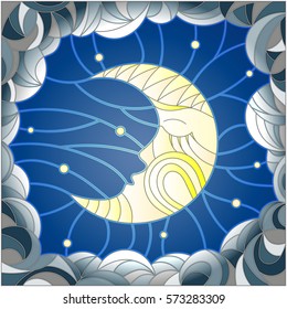 Illustration in stained glass style with the fabulous moon with a face against the sky and clouds