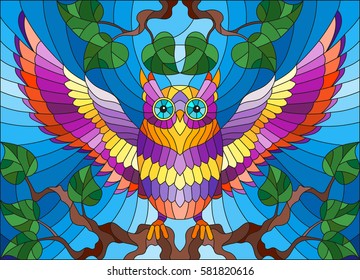 Illustration in stained glass style with fabulous colour owl sitting on a tree branch against the sky