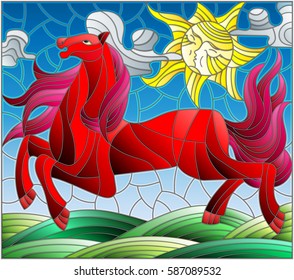 Illustration in stained glass style with fabulous red horse galloping on the green meadow on the background of the cloudy sky and sun