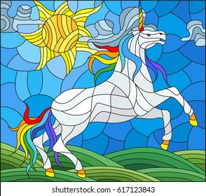 Illustration in stained glass style with fabulous white unicorn galloping on the green meadow on the background of the cloudy sky and sun