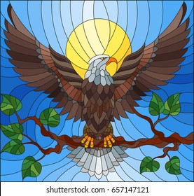 Illustration in stained glass style with fabulous eagle sitting on a tree branch against the sky