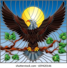 Illustration in stained glass style with fabulous eagle sitting on a tree branch against the sky