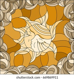Illustration in stained glass style with fabulous sun with the face on the background of sky and clouds, Sepia,monochrome