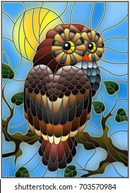 Illustration in stained glass style with fabulous colourful owl sitting on a tree branch against the  sky and sun 