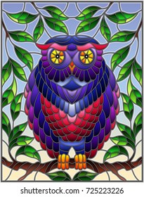 Illustration in stained glass style with fabulous colourful owl sitting on a tree branch against the sky