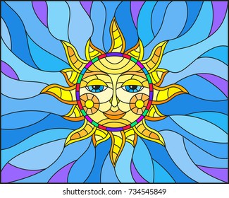 Illustration in stained glass style with fabulous sun with the face on the background of sky