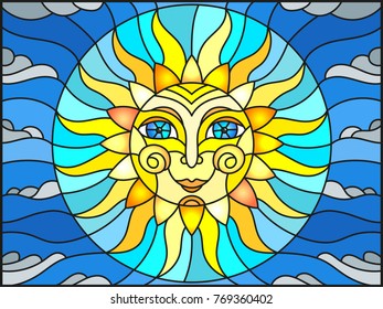 Illustration in stained glass style with fabulous sun with the face on the background of sky and clouds