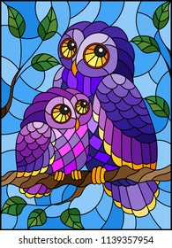 Illustration in stained glass style with fairy owl and owlet on a tree branch against the sky