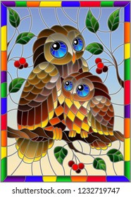 Illustration in stained glass style with fairy owl and owlet on a tree branch with leaves and berries against the sky in bright frame
