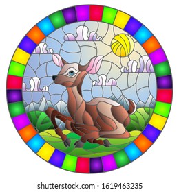 Illustration in stained glass style with a fawn on the background of green meadows and cloudy sky, round image in bright frame 