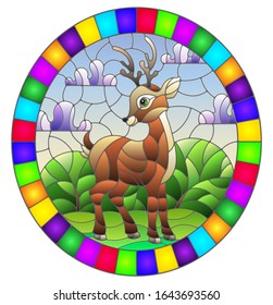 Illustration in stained glass style with a fawn on the background of green meadows and cloudy sky, oval image in bright frame