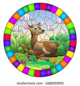 Illustration in stained glass style with a fawn on the background of green meadows, flowers and cloudy sky, round image in bright frame 